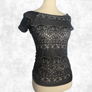 by & by Black Lace Overlay Short Sleeve Blouse – Size Small | Sheer Fitted Top